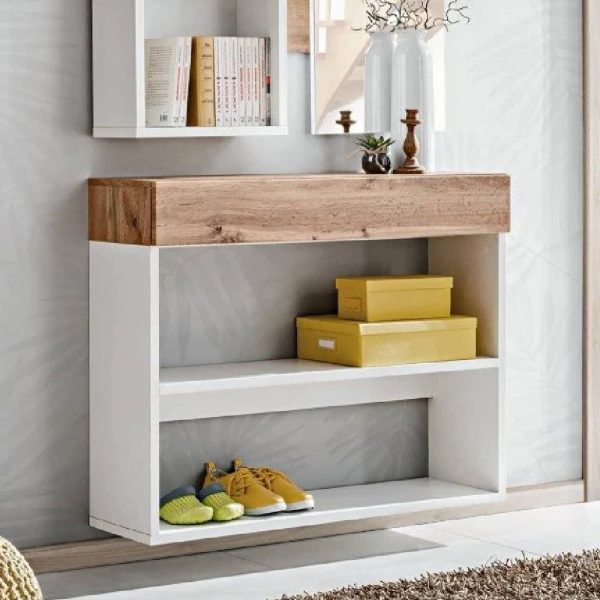 Elyria Wooden Wall Shelf With 1 Drawer In Wotan Oak And White | Bed Sava