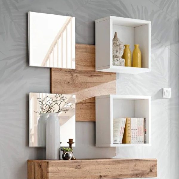 Elyria Wooden Wall Shelf With 2 Mirror In Wotan Oak And White | Bed Sava
