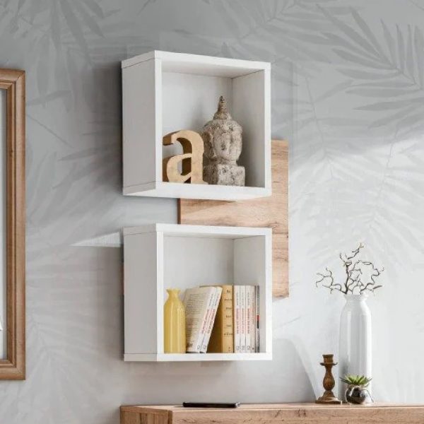 Elyria Wooden Wall Shelf With 2 Shelves In Wotan Oak And White | Bed Sava