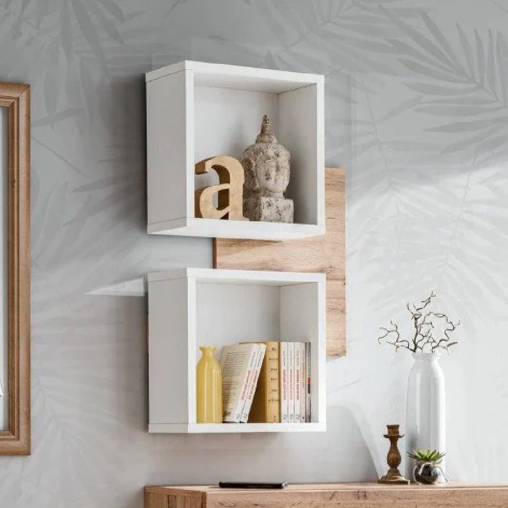 Elyria Wooden Wall Shelf With 2 Shelves In Wotan Oak And White