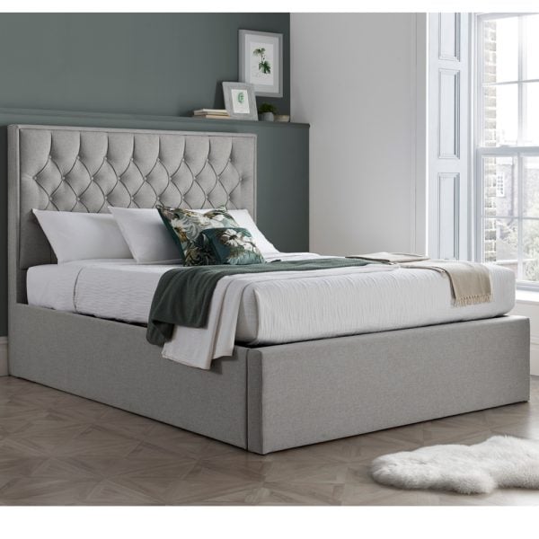 Wilmot Fabric Ottoman Storage Double Bed In Grey | Bed Sava