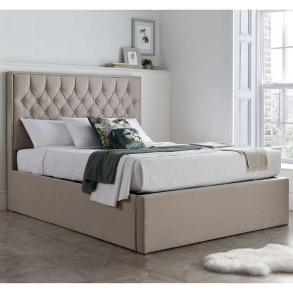 Wilmot Fabric Ottoman Storage King Size Bed In Oatmeal | Bed Sava