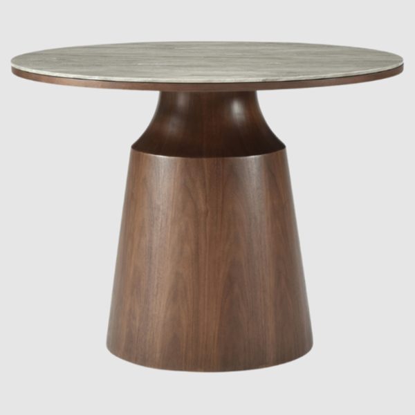 Wilmot Wooden Round Dining Table With Marble Glass Top In Walnut | Bed Sava