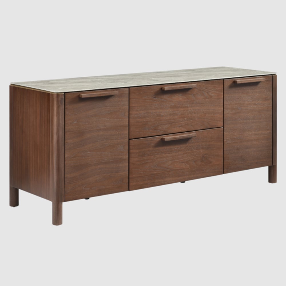 Wilmot Wooden TV Stand With Marble Glass Top In Walnut