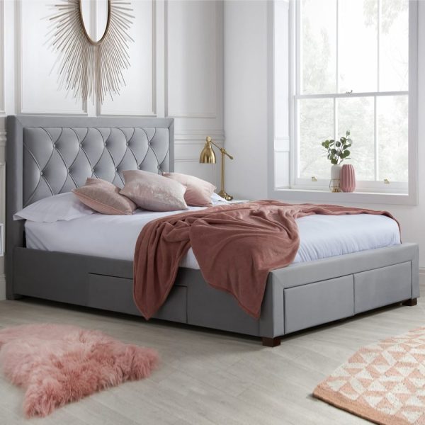 Woodberry Fabric King Size Bed With 4 Drawers In Grey | Bed Sava