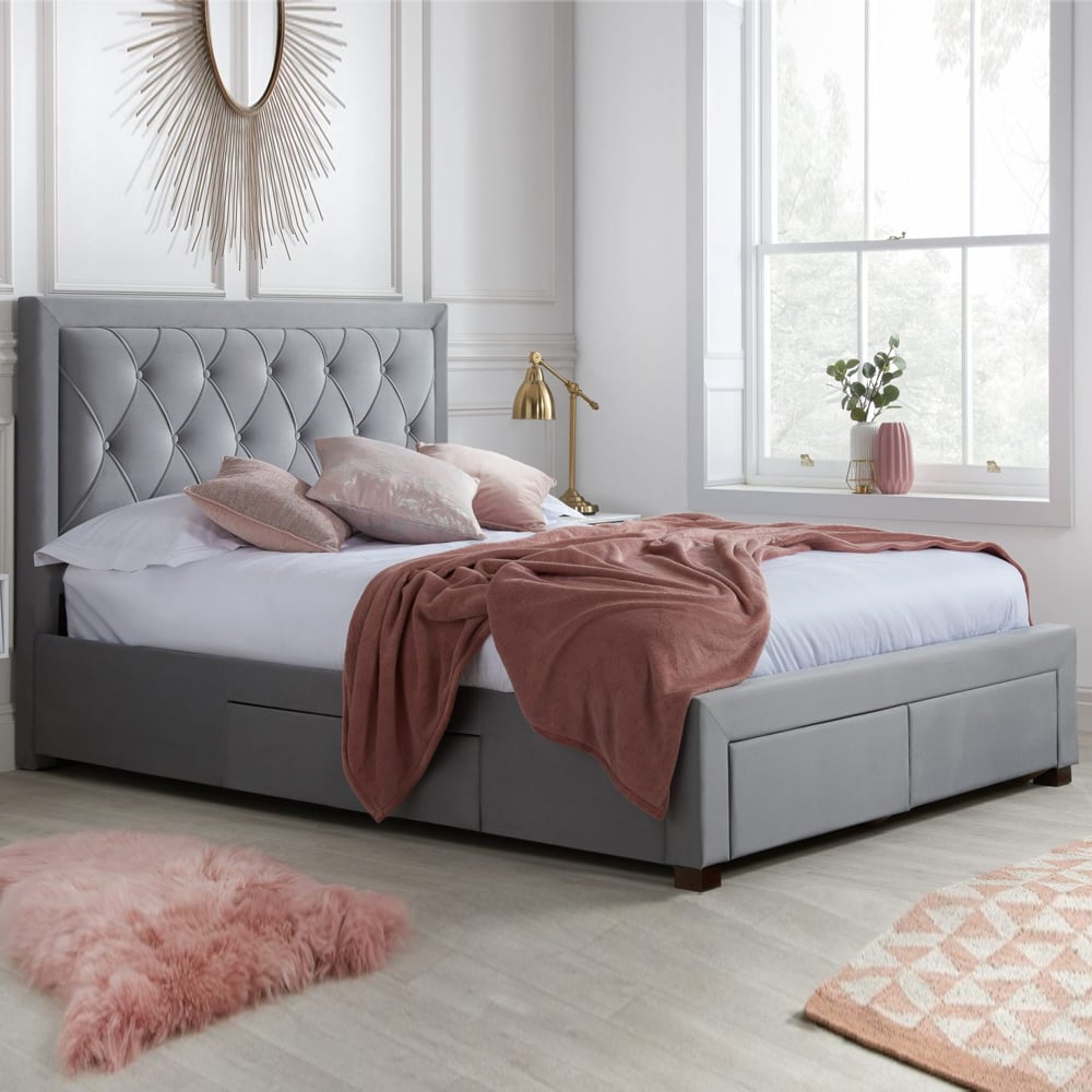 Woodberry Fabric Super King Size Bed With 4 Drawers In Grey