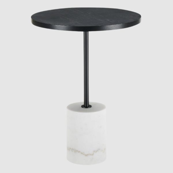 Bastrop Wooden Round Side Table With White Marble Base In Black | Bed Sava