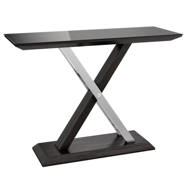 Xenia Black Glass Console Table In Grey Walnut | Bed Sava