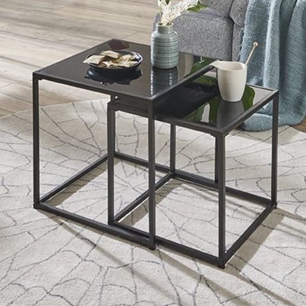 Yukon Black Glass Nest Of 2 Table With Steel Frame | Bed Sava