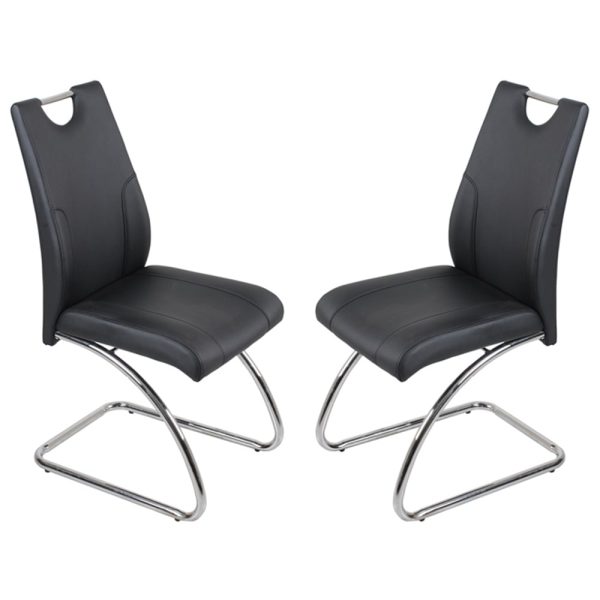 Zanesville Black Leather Dining Chairs With Chrome Legs In Pair | Bed Sava