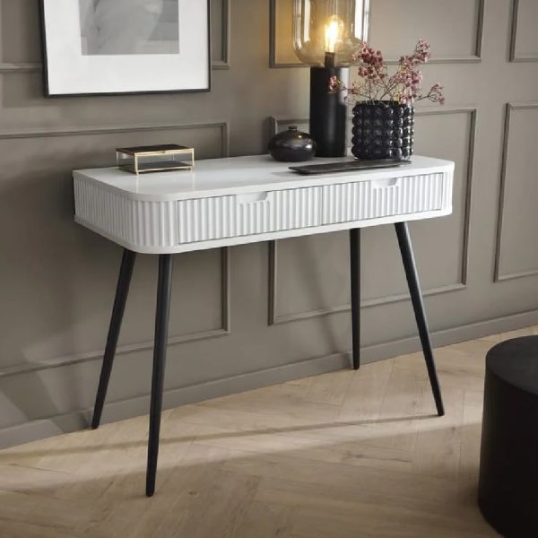 Zebulon Wooden Laptop Desk With 2 Drawers In White | Bed Sava