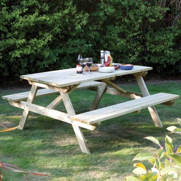 Zox Wooden Garden Rectangular 6 Seater Picnic Table In Natural | Bed Sava
