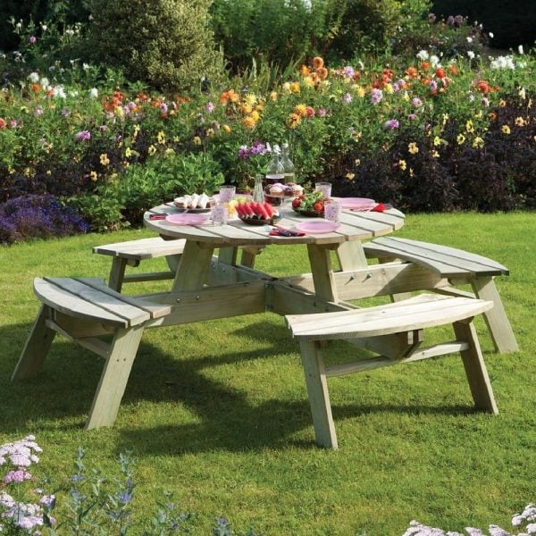 Zox Wooden Garden Round 8 Seater Picnic Table In Natural | Bed Sava