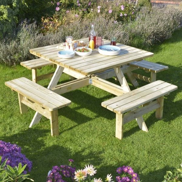 Zox Wooden Garden Square 8 Seater Picnic Table In Natural | Bed Sava