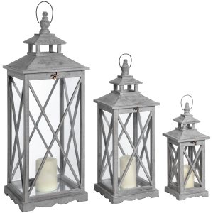 Set Of Three Wooden Lanterns With Traditional Cross Section | Bed Sava