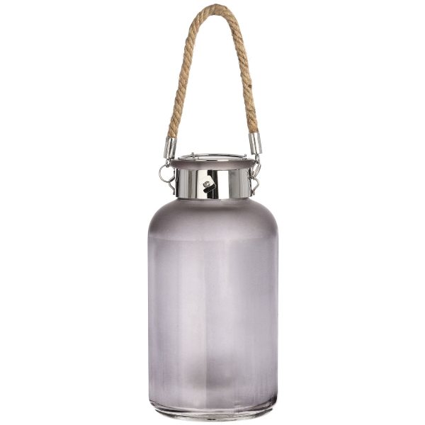 Frosted Grey Glass Lantern with Rope Detail and LED | Bed Sava