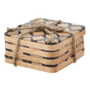 Set Of 4 Wood Effect Black Geometric Coasters | Bed Sava