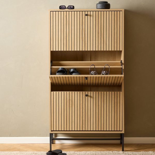 Albany Shoe Cabinet 3 Flip Down Doors in OakBlack Legs | Bed Sava