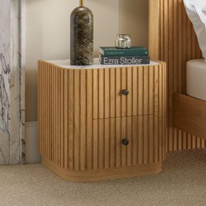 Jacob Bedside Table  Natural Wood  White Marble | Bed Sava