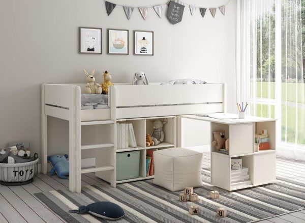 Anderson Mid Sleeper Bed Frame with Cube  Desk  30 Single  White | Bed Sava