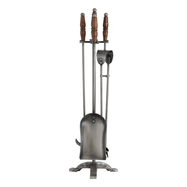 Hand Turned Fire Companion Set In Antique Pewter With Wooden Handles | Bed Sava
