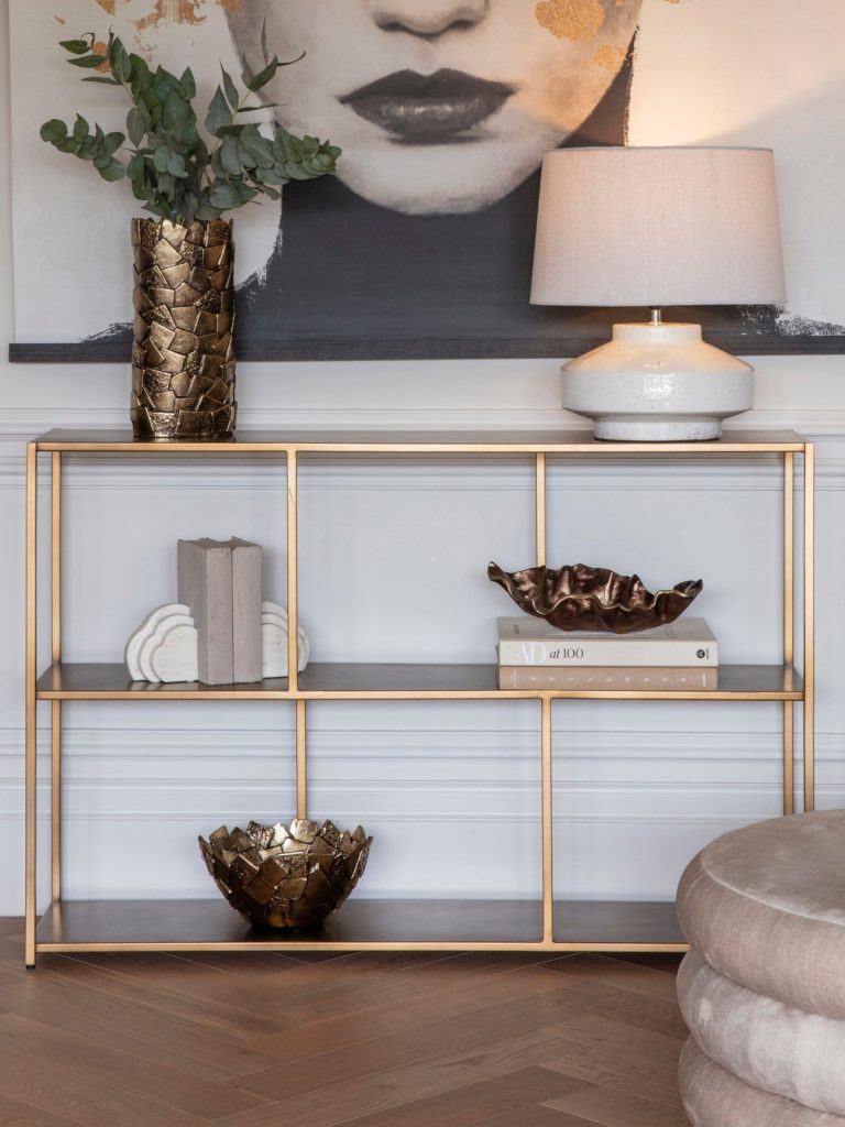 Brooks Console Table Brushed Champagne | Bed Sava