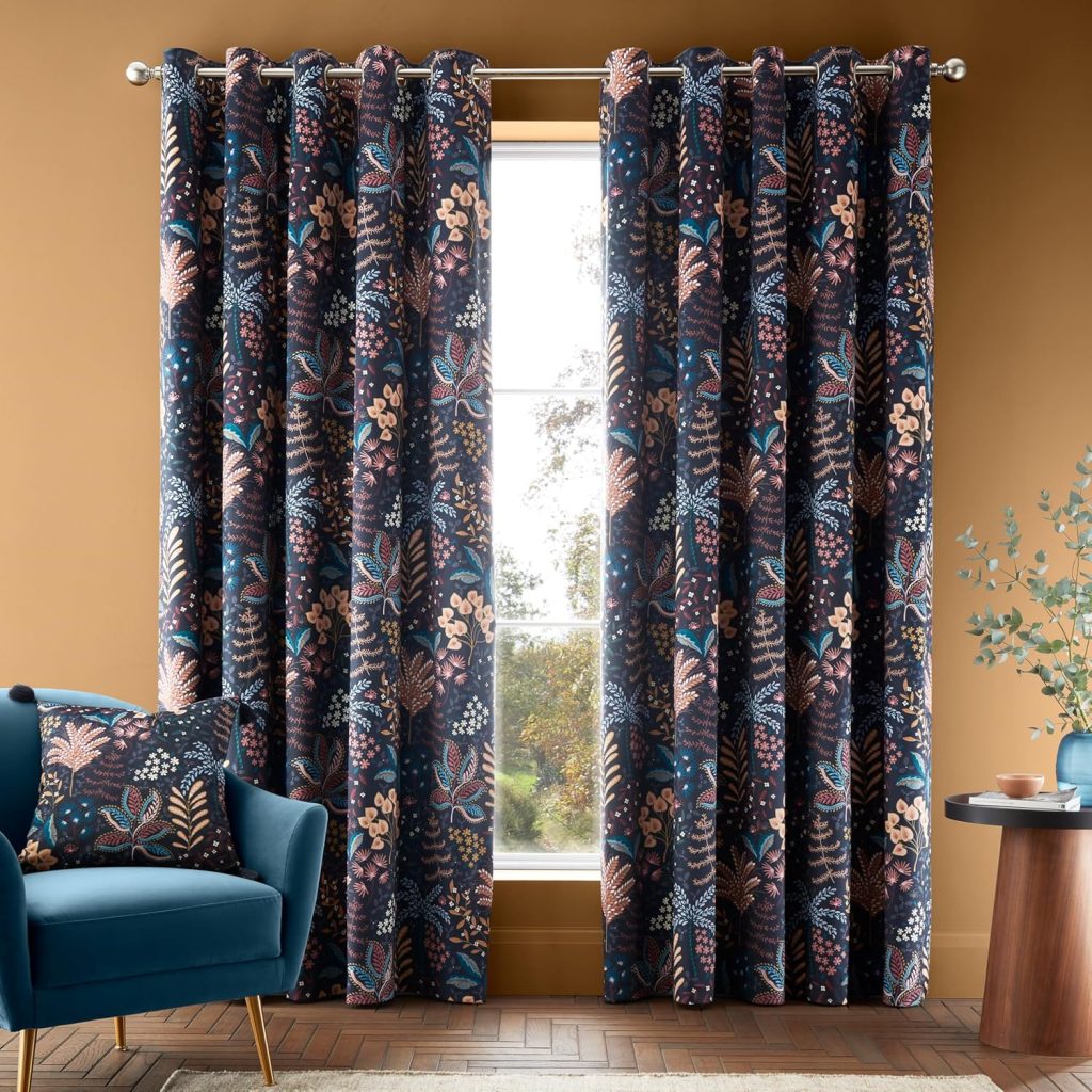 Catherine Lansfield Exotic Leaves Soft Recycled Polyester Velour Eyelet Curtains Two Panels