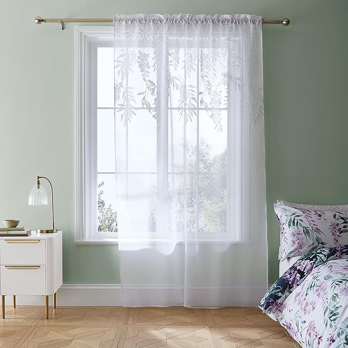 Catherine Lansfield Wisteria Floral Slot Top Voile Curtain Panel | Bed Sava