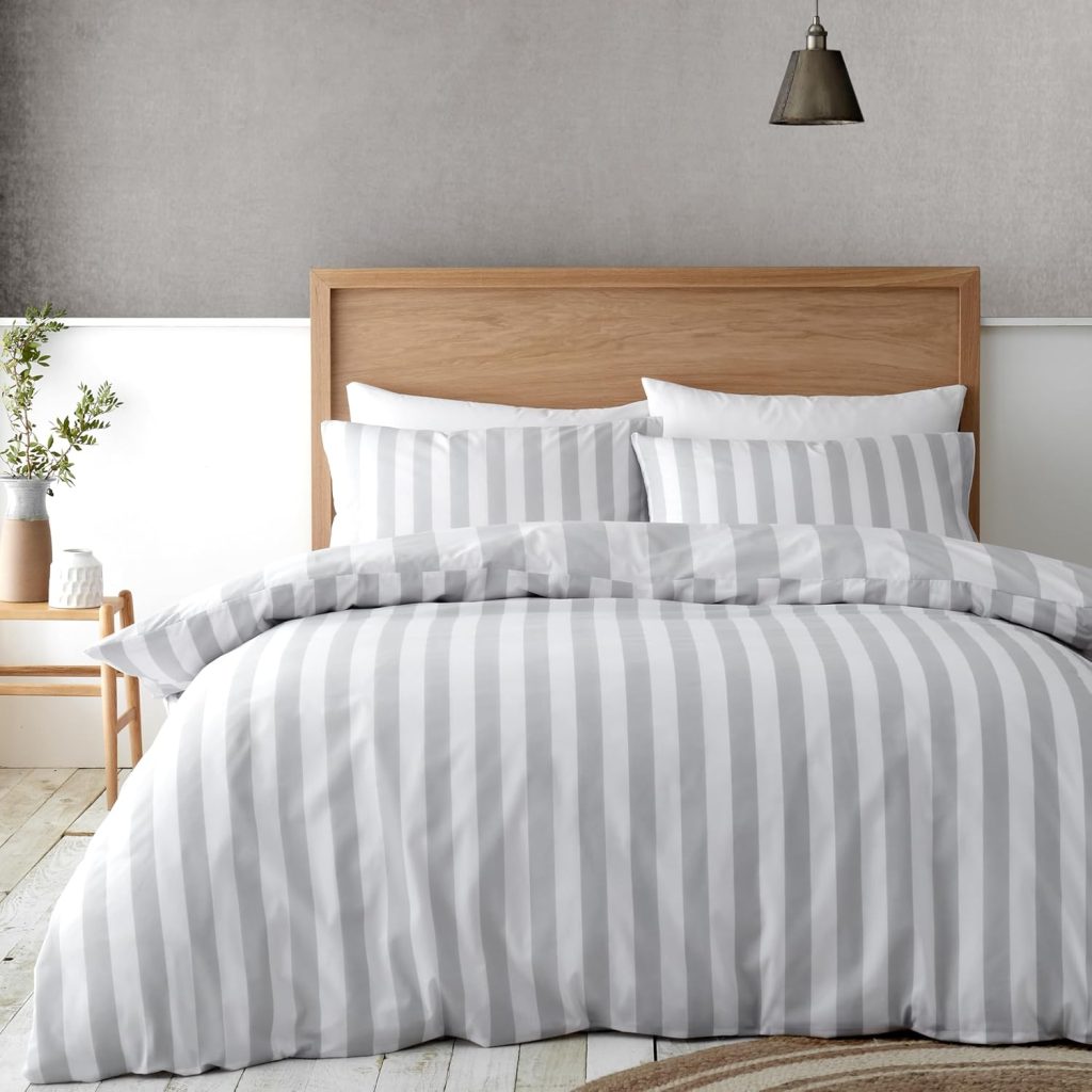 Catherine Lansfield Cove Stripe Reversible Duvet Cover Set with Pillowcase Silver Grey | Bed Sava