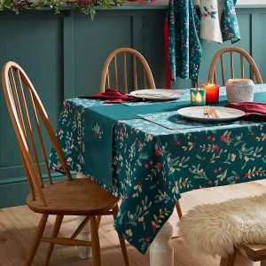 Catherine Lansfield Christmas Holly and Mistletoe Embroidered Cotton Dining Table Runner | Bed Sava