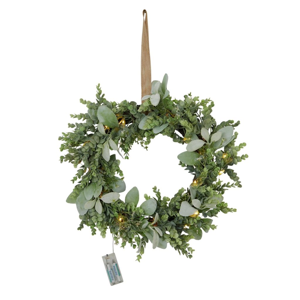 LED Winter Wreath With Eucalyptus And Lambs Ear | Bed Sava