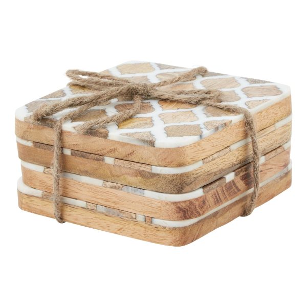 Set Of 4 Wood Effect White Geometric Coasters | Bed Sava