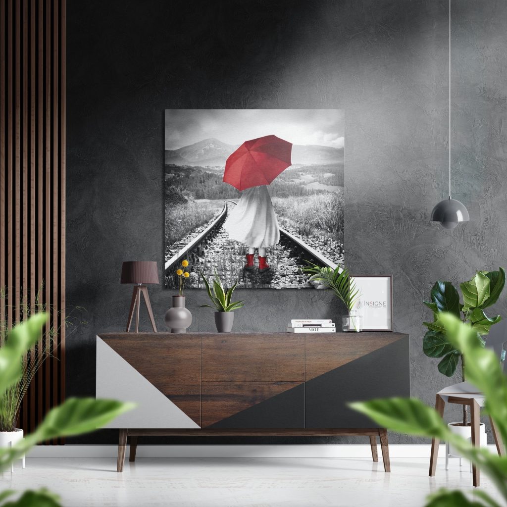 Red Umbrella Brushed Aluminium Dibond Wall Art