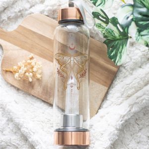 Luna Moth Glass Water Bottle with Clear Quartz Crystal | Bed Sava
