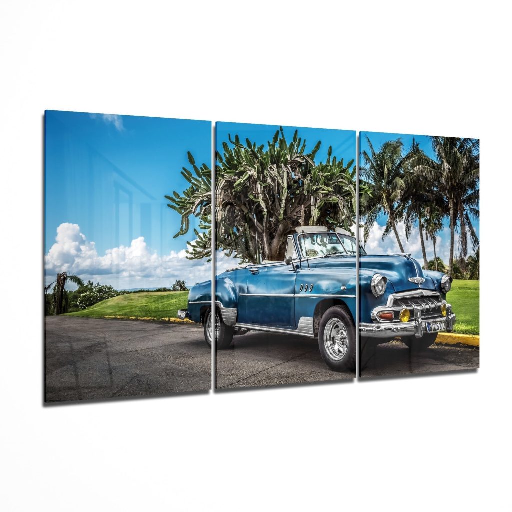 Blue Classic Car Glass Art Mega Glass Wall Art