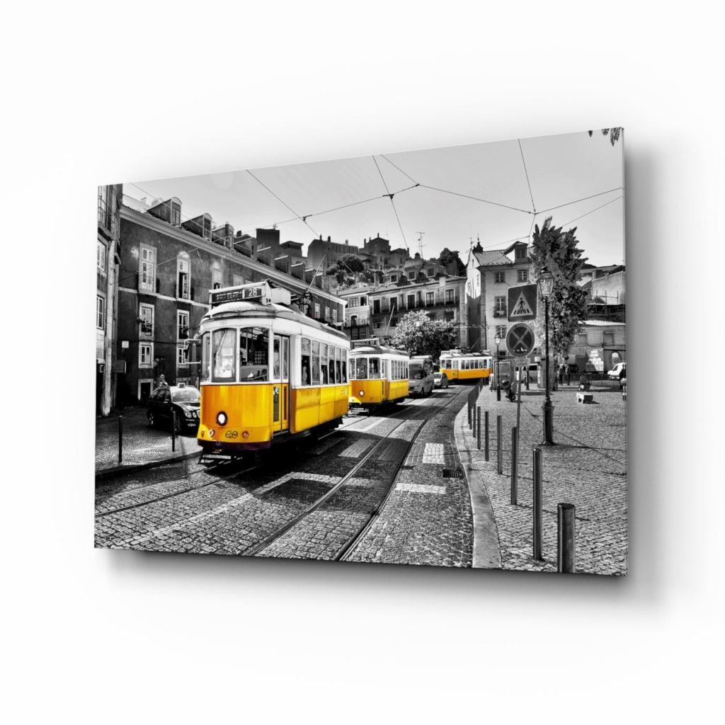 Yellow Tram (Lisbon) Glass Wall Art