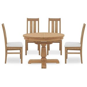 Furnitureland  Augusta Round Extending Dining Table and 4 Wooden Slatted Back Chairs | Bed Sava