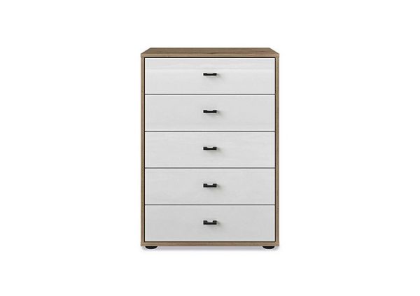 Wiemann  Dallas 60cm 5 Drawer Glass Chest  Bianco Oak and White | Bed Sava