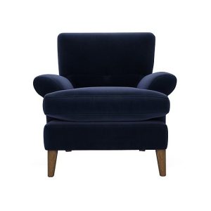 The Lounge Co  Bronwyn Fabric Joshua Armchair With Vintage Oak Feet  Midnight Indigo | Bed Sava
