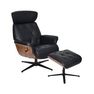 Kristof Leather Look Swivel Recliner Chair and Footstool  Black | Bed Sava