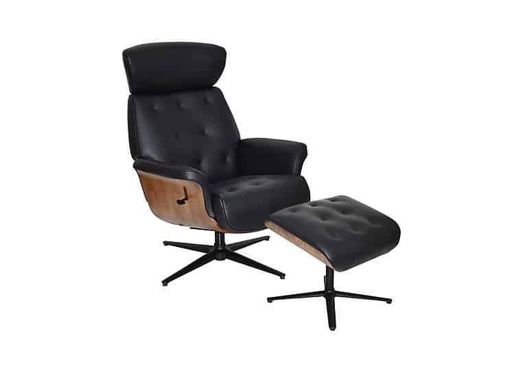 Kristof Leather Look Swivel Recliner Chair and Footstool - Black
