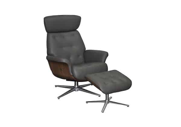 Kristof Leather Look Swivel Recliner Chair and Footstool  Charcoal | Bed Sava