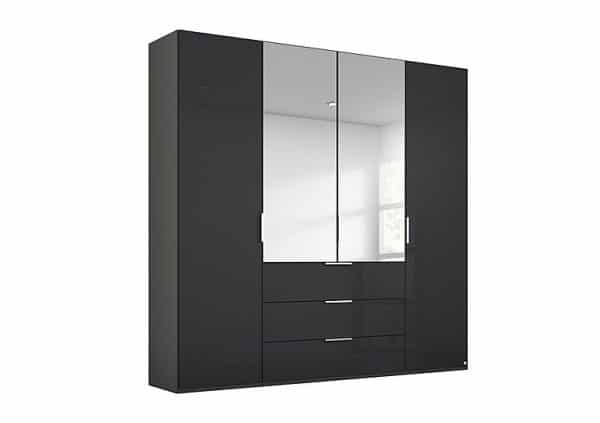 Rauch  Formes Glass 4 Door Combi Hinged Wardrobe with 2 Mirrors and Drawers  GraphiteBasalt Front | Bed Sava
