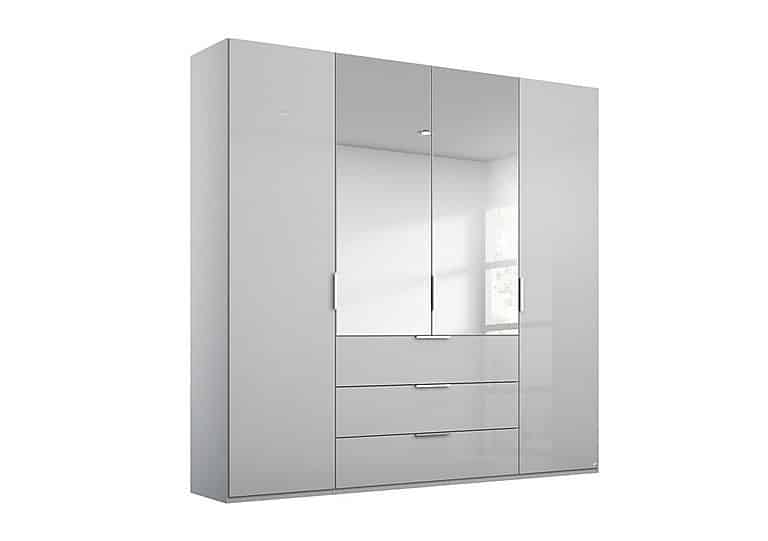 Rauch - Formes Glass 4 Door Combi Hinged Wardrobe with 2 Mirrors and Drawers - Silk Grey/Silk Grey Front