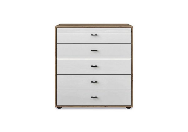Wiemann  Dallas 80cm 5 Drawer Glass Chest  Bianco Oak and White | Bed Sava