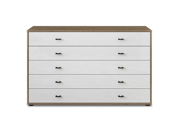 Wiemann  Dallas 141cm 5 Drawer Glass Chest  Bianco Oak and White | Bed Sava