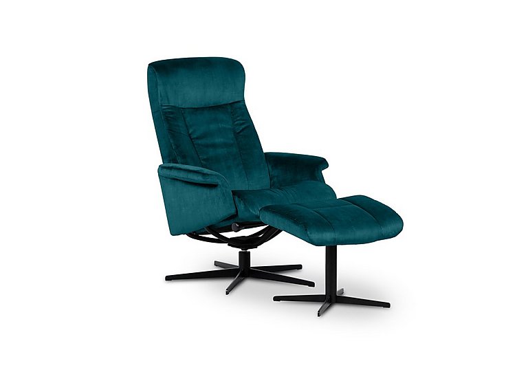 Bergen Medium Fabric Swivel Chair and Footstool with Black Base - Ambler Peacock