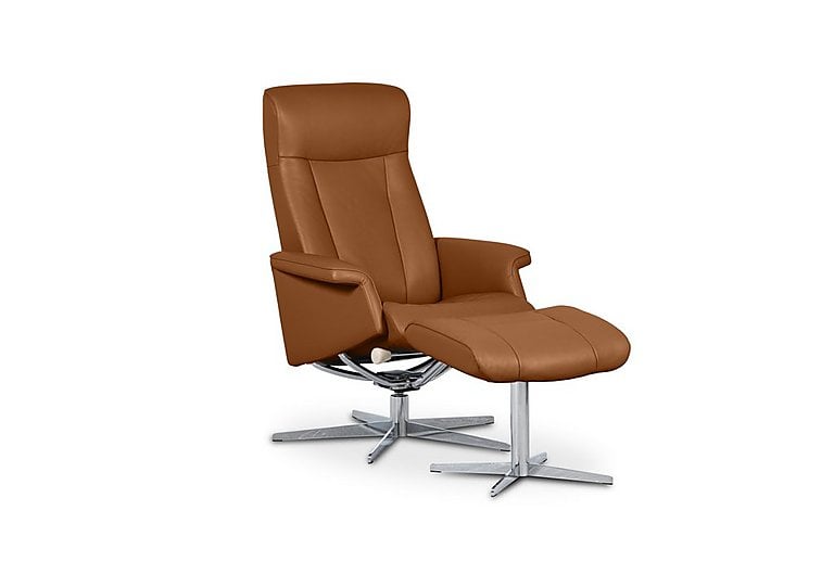 Bergen Small Leather Swivel Chair and Footstool with Chrome Base - Almond