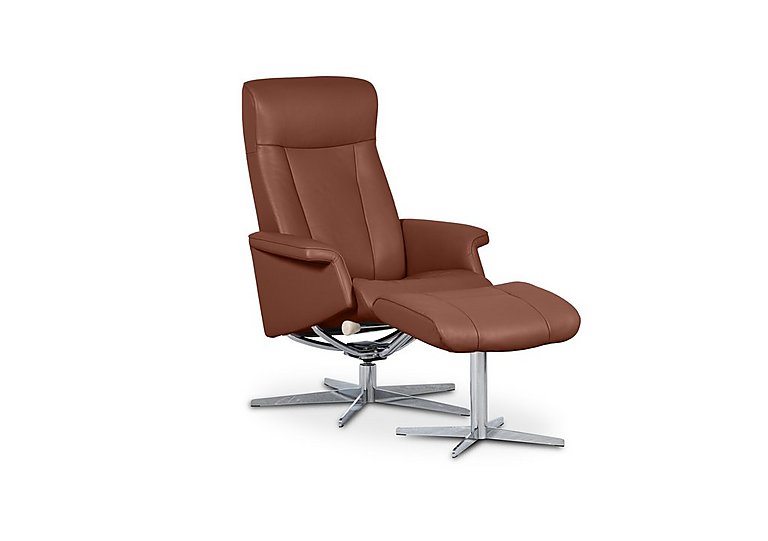 Bergen Small Leather Swivel Chair and Footstool with Chrome Base - Cognac