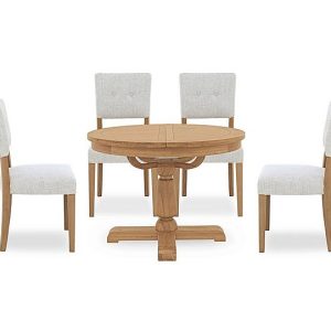 Furnitureland  Augusta Round Extending Dining Table and 4 Open Back Upholstered Chairs | Bed Sava